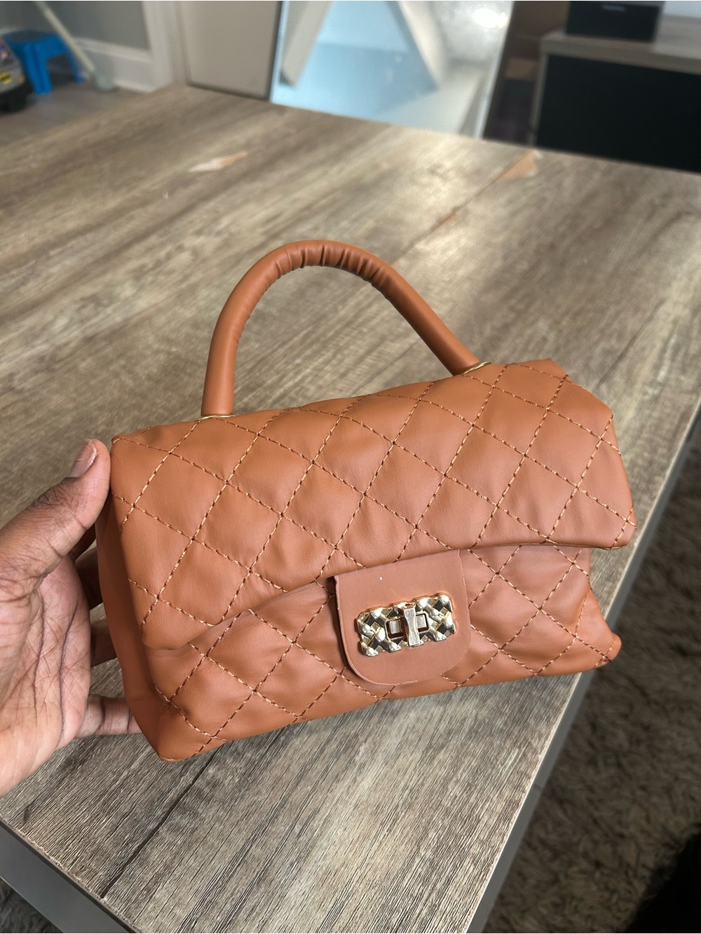 Quilted Mini Top Handle Bag in Cognac